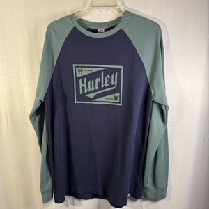 Hurley Mens Long Sleeve Raglan Waffle Knit Shirt Blue Green Graphic Tee Size L